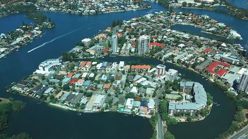 High angle view of modern buildings in city