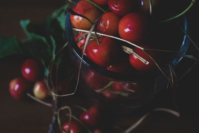High angle view of cherries in bowl