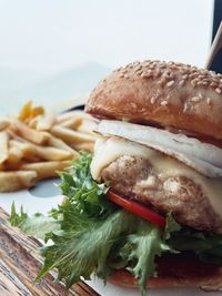 Close-up of burger on cutting board