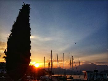 Silhouette sailboats on shore against sky during sunset