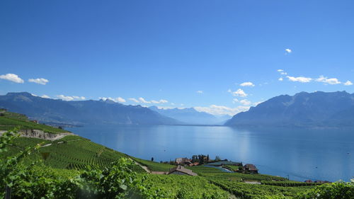 Scenic view of lake and mountains against blue sky