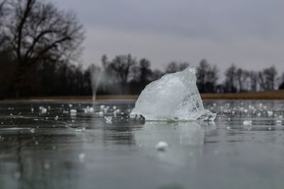 Ice on frozen water against sky