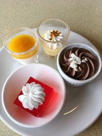 High angle view of cupcakes in plate on table