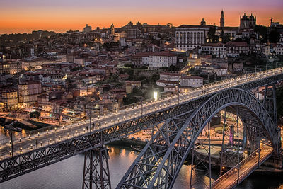 Bridge over river in city against sky