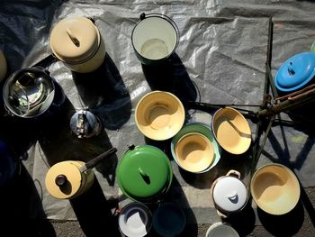 High angle view of various food on table
