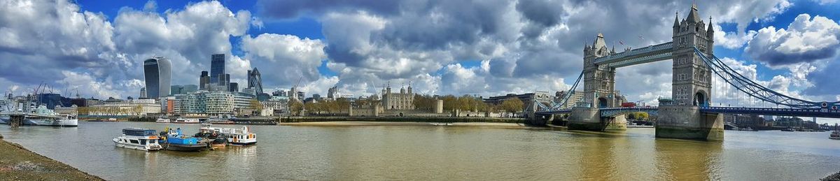 Panoramic view of suspension bridge against cloudy sky
