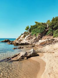 Scenic view of sea against clear blue sky