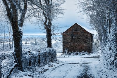 House on snow covered field