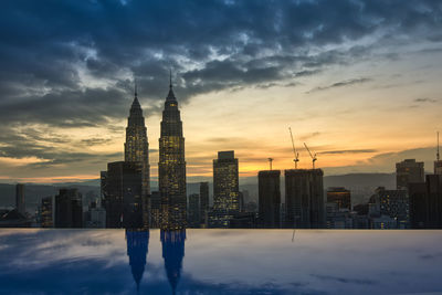 Modern buildings in city against sky during sunset