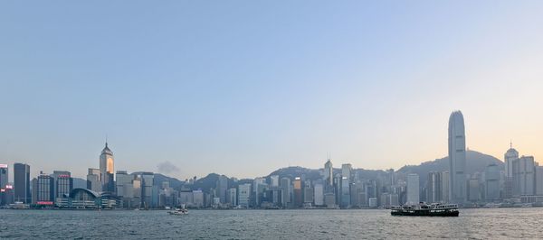 View of city buildings against clear sky