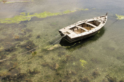 High angle view of abandoned boat in sea