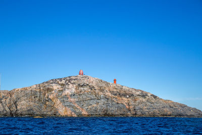 Lighthouse on rock by sea against clear blue sky