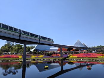 Reflection of built structure in water against clear blue sky