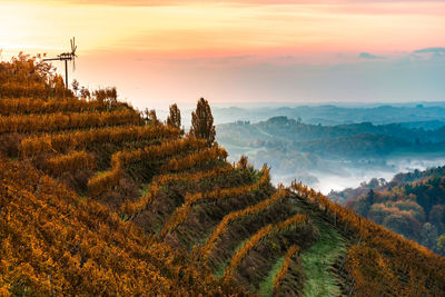 Autumn view from south styrian route in austria at hills in slovenia during sunraise. 