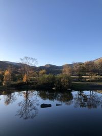 Scenic view of lake against clear blue sky