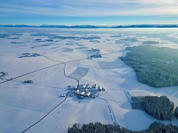 Aerial view of snow covered landscape