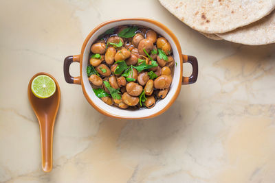 High angle view of soup in bowl on table