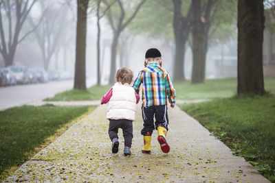 Rear view of siblings walking on walkway amidst field during foggy weather