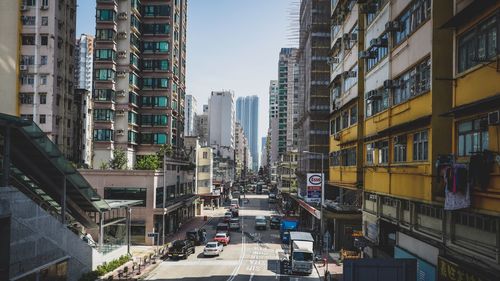 Panoramic view of skyscrapers in city against sky