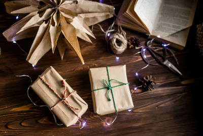 High angle view of christmas decorations on table