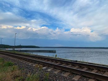 Railroad tracks by sea against sky