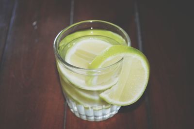 High angle view of drink in glass on table