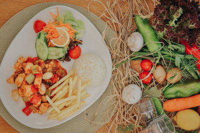 High angle view of fruits and vegetables on table