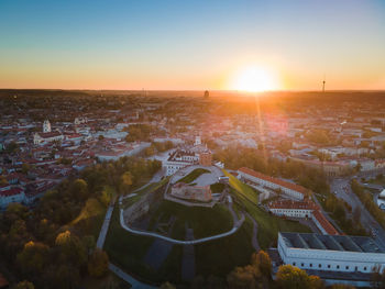 High angle view of townscape against sky during sunset