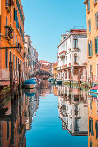 Canal amidst buildings against clear blue sky