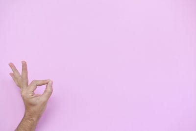 Cropped hand showing ok sign against pink background