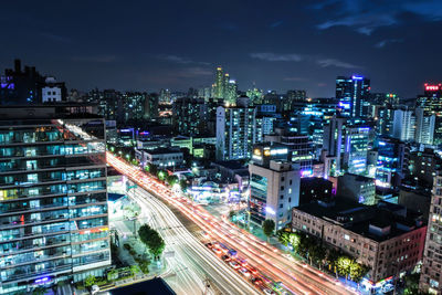 High angle view of city street at night