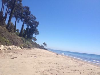 Scenic view of beach against blue sky