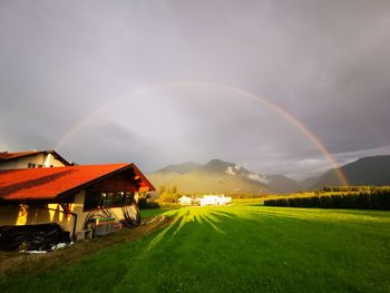 Scenic view of rainbow over field