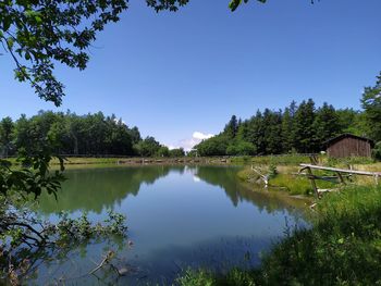 Scenic view of lake against blue sky