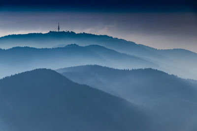 Scenic view of mountains against sky during sunset