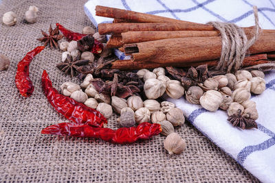 Close-up of spices on burlap