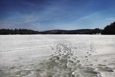 Scenic view of snow covered land against sky