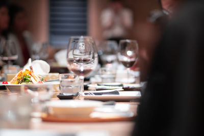 Wine glasses on table in restaurant