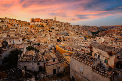 High angle view of townscape against sky during sunset