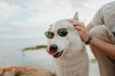 Midsection of person with dog