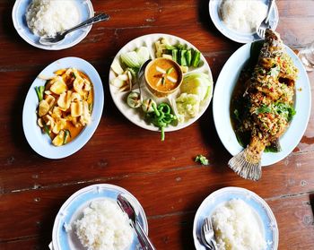 High angle view of meal served on table