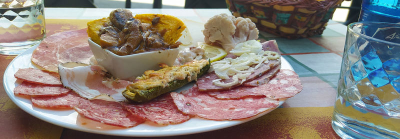 High angle view of food served on table