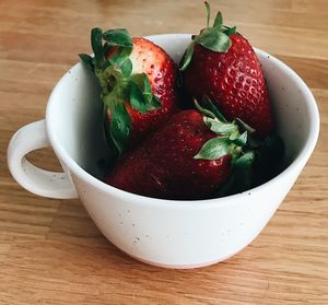 High angle view of strawberries in bowl on table