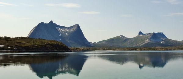 Scenic view of lake and mountains against sky