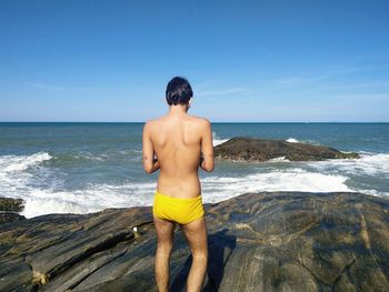 Rear view of shirtless man standing on beach