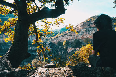 Rear view of man sitting on rock looking at mountain