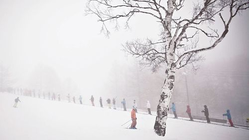 People skiing on snowy area