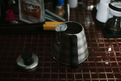 High angle view of coffee on table