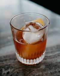 Close-up of beer glass on table