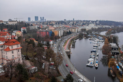 High angle view of street amidst buildings in city